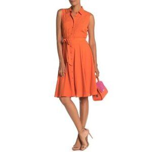 Nanette Lepore Womens Orange Sleeveless Pleated Button Midi Dress Sz 10 New